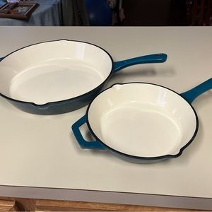 Blue enamel cast iron skillet set (new)